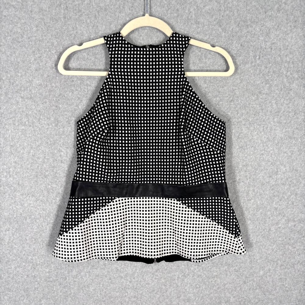 Bebe Top Large‎ Plaid Faux Leather Zipper Stretch Twee Royal Career Quiet Peplum